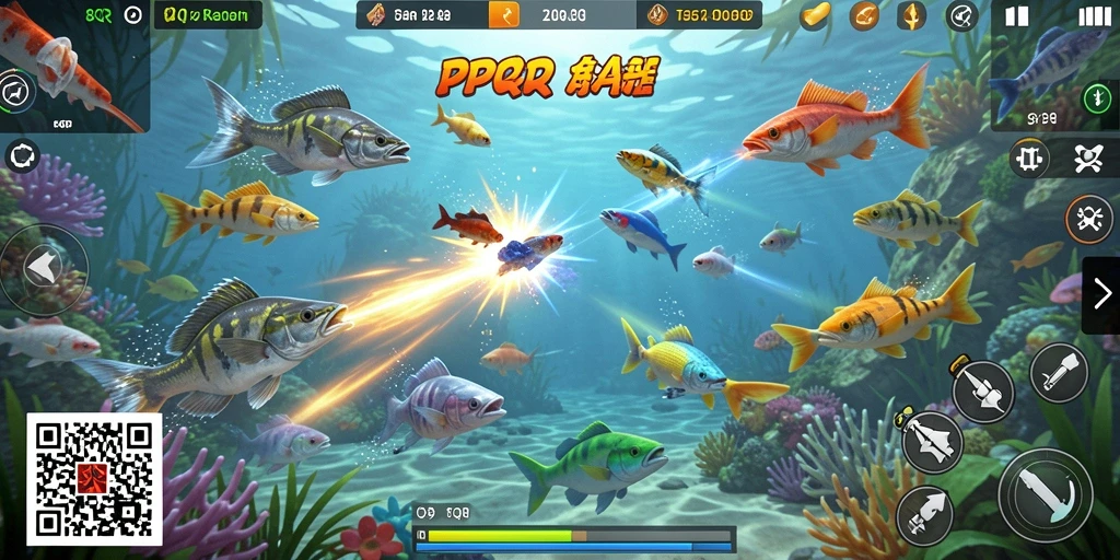 Screenshot utama 8QR menampilkan aksi seru menembak ikan.