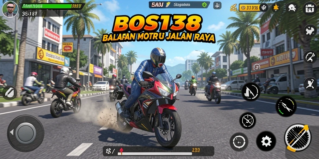 Tampilan gameplay seru BOS138 dengan motor balap di trek menantang.