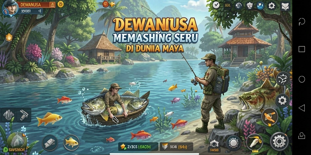 Screenshot gameplay DEWANUSA yang menampilkan aksi memancing yang seru.