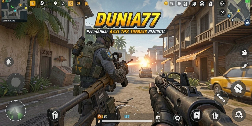 Tangkapan layar gameplay intens dari DUNIA77 dalam pertempuran TPS.