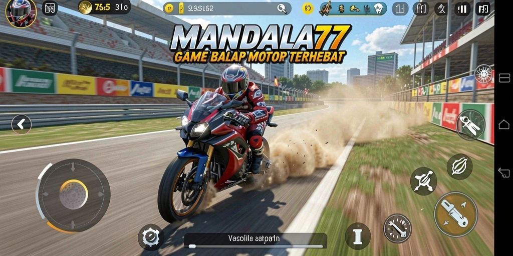 Screenshot gameplay MANDALA77 menunjukkan kecepatan balap motor yang mendebarkan.