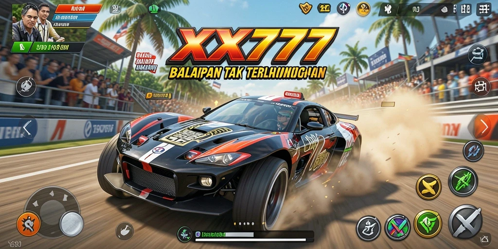 Screenshot utama XXX777 menampilkan aksi balapan mendebarkan di trek yang sulit.